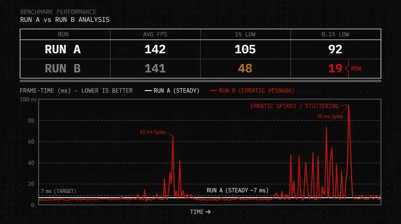 CapFrameX comparison window overlaying a flat warm-cache frame-time graph against a spiky cold-cache trace, with a table comparing average FPS, 1% lows, and 0.1% lows.