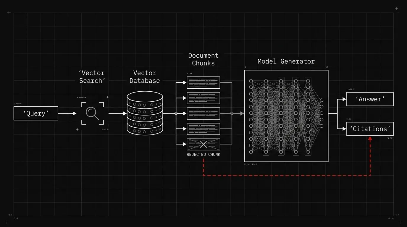 Close match needed: a diagram or screenshot of a retrieval-augmented generation pipeline showing a query, a vector search returning document chunks, and a model producing an answer with citations. Credit: Vectara, Hallucination Leaderboard blog