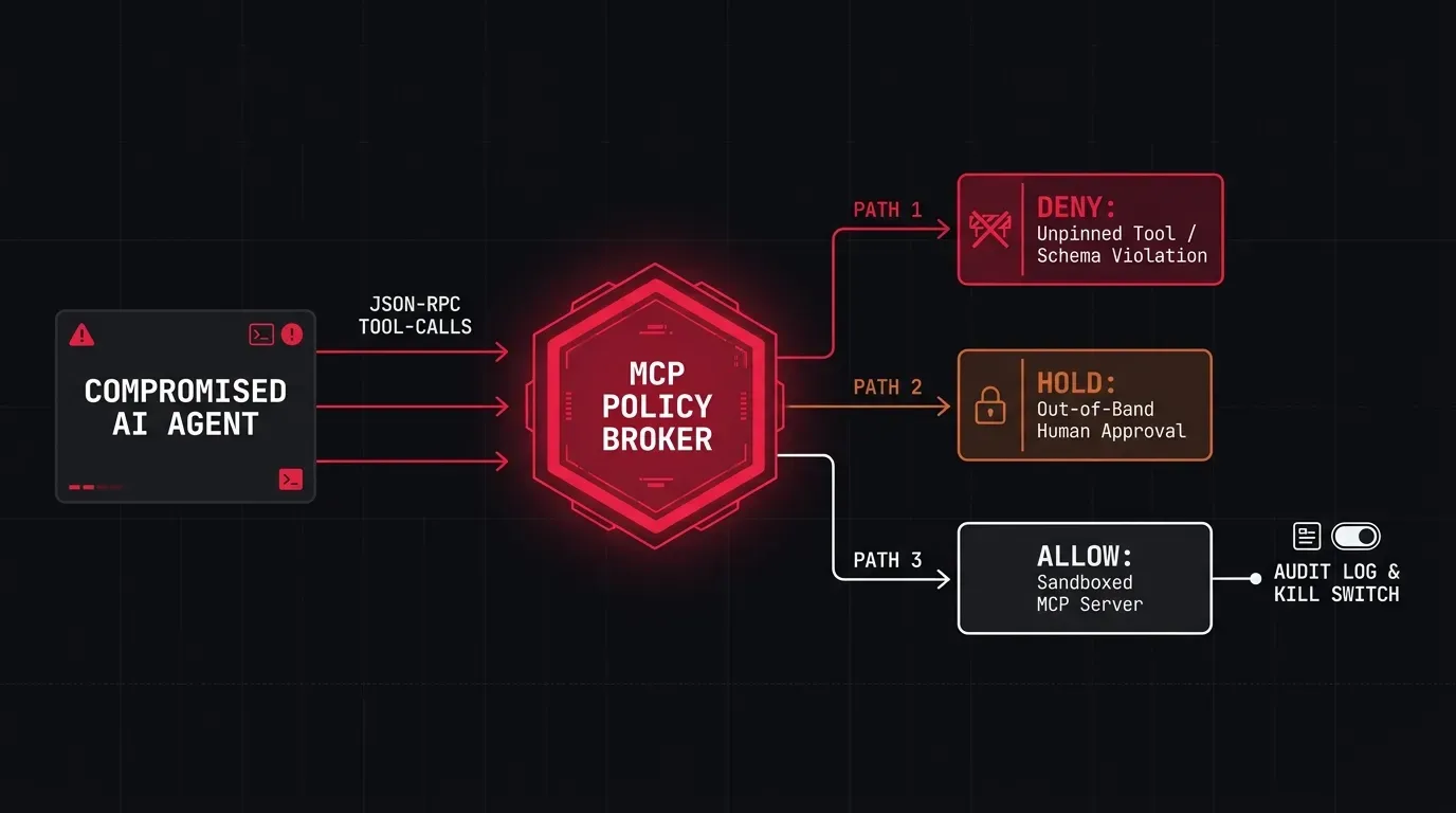 Enterprise MCP policy broker architecture diagram showing an AI agent routing tool calls through a deterministic OAuth 2.1 policy enforcement gateway that filters requests into allow, deny, or human-approval paths before reaching isolated MCP sandboxes.