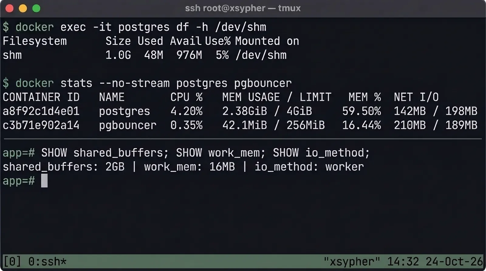 Linux tmux terminal session on host xsypher showing 1.0G /dev/shm shared memory verification, docker stats memory usage for PostgreSQL 18 (2.38GiB of 4GiB limit) and PgBouncer (42.1MiB of 256MiB), and psql output confirming shared_buffers = 2GB, work_mem = 16MB, and io_method = worker.