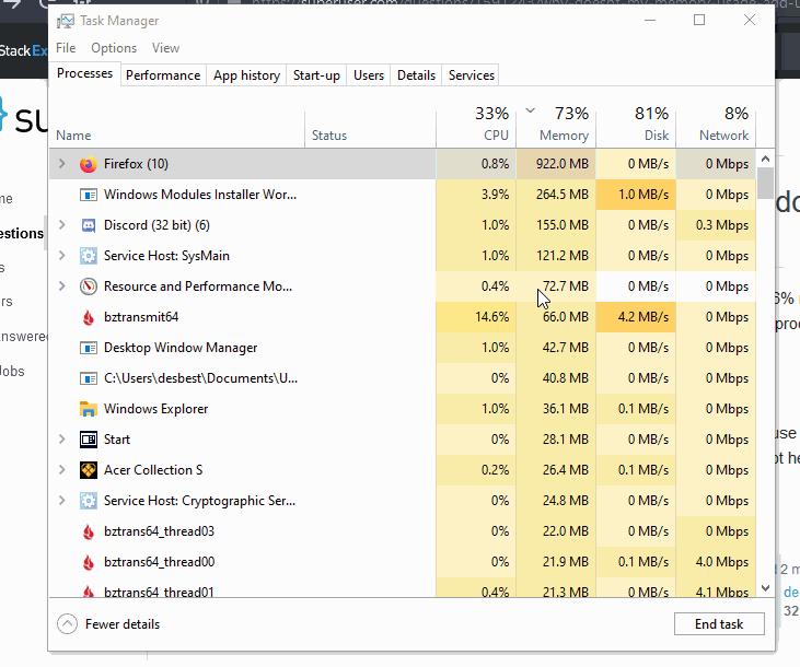 Windows Task Manager performance tab displaying memory usage climbing under multiple open applications.